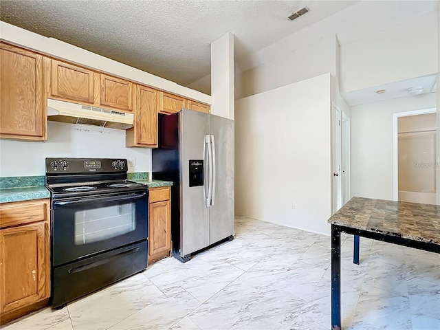 5633 Piney Ridge Dr, Orlando, FL 32808 - kitchen featuring stainless steel refrigerator with ice dispenser, black range with electric stovetop, and a textured ceiling