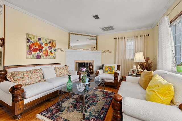 living room with a fireplace, wood-type flooring, and ornamental molding