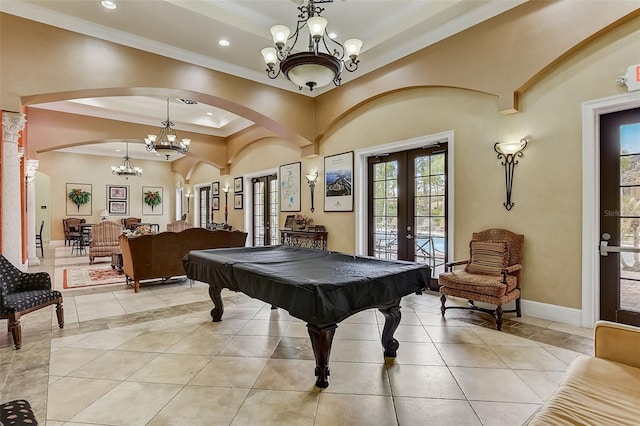 rec room featuring billiards, french doors, light tile patterned flooring, a raised ceiling, and a chandelier