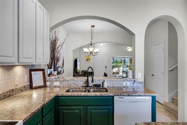 kitchen with sink, dishwasher, tasteful backsplash, white cabinets, and kitchen peninsula