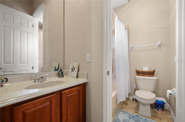 full bathroom featuring vanity, shower / bath combination with curtain, and toilet