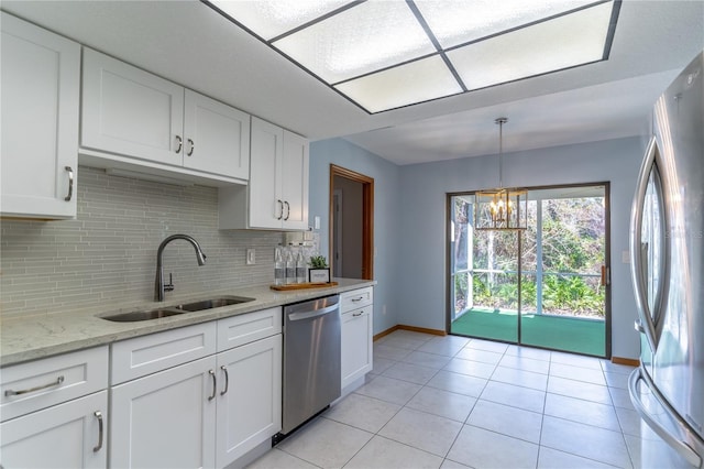 kitchen with stainless steel appliances, white cabinetry, sink, and pendant lighting