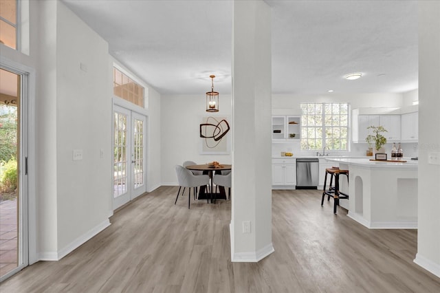 dining room featuring french doors, a healthy amount of sunlight, and light wood-type flooring