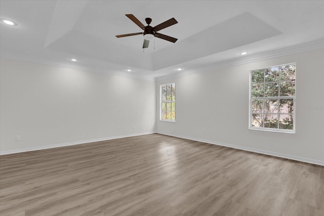 empty room with crown molding, light wood-type flooring, and a tray ceiling