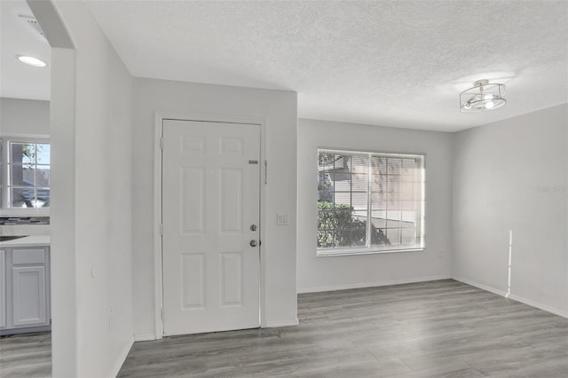 entryway featuring plenty of natural light, a textured ceiling, and light hardwood / wood-style flooring