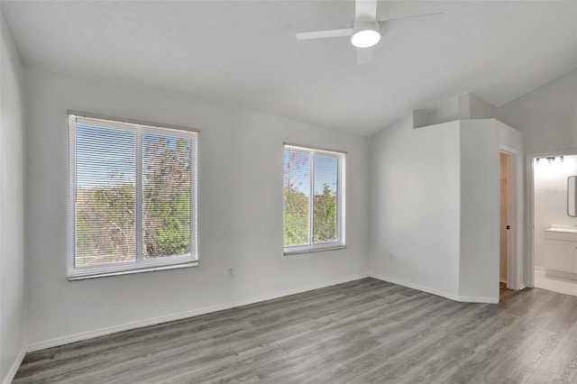 spare room featuring vaulted ceiling, light hardwood / wood-style flooring, and a wealth of natural light