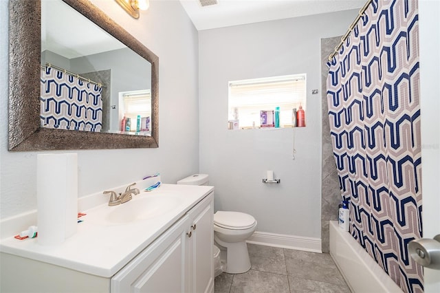 full bathroom with vanity, shower / tub combo, tile patterned flooring, and toilet