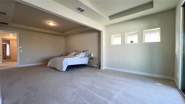 unfurnished bedroom with a raised ceiling and light colored carpet