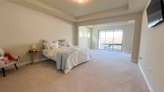 bedroom with light colored carpet, access to exterior, and a tray ceiling