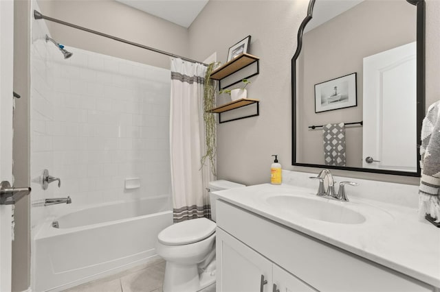 full bathroom featuring vanity, shower / bathtub combination with curtain, tile patterned floors, and toilet