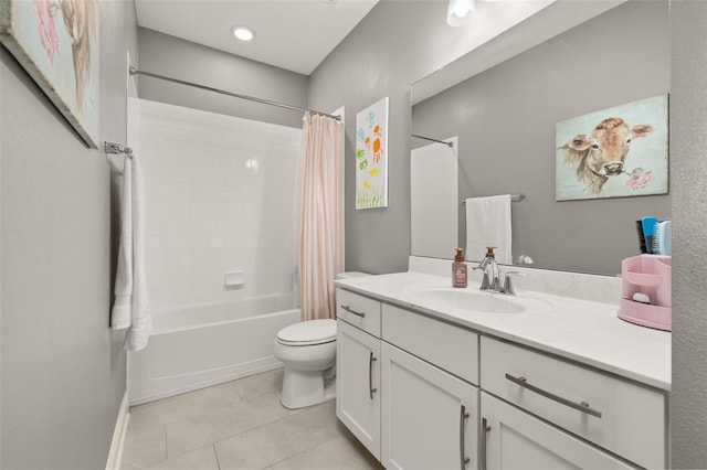 full bathroom with tile patterned flooring, shower / bath combo, vanity, and toilet