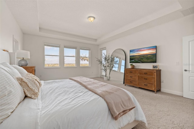 carpeted bedroom featuring a raised ceiling and a textured ceiling