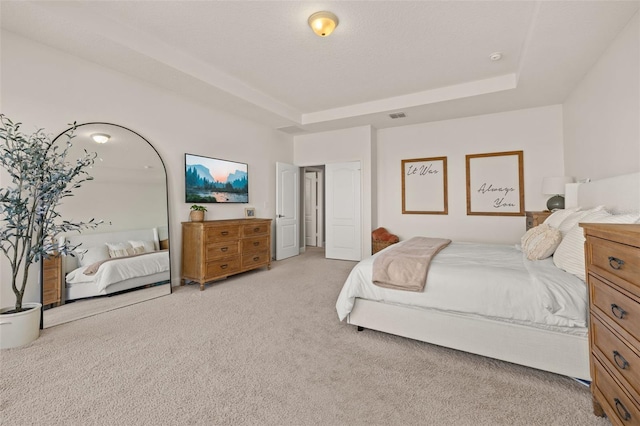 carpeted bedroom featuring a raised ceiling