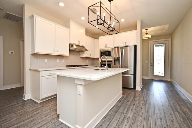 kitchen featuring white cabinetry, stainless steel appliances, sink, and a center island with sink