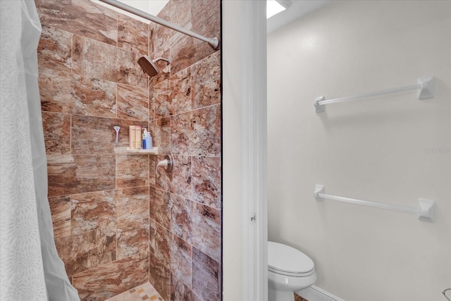 bathroom with toilet and a shower with shower curtain