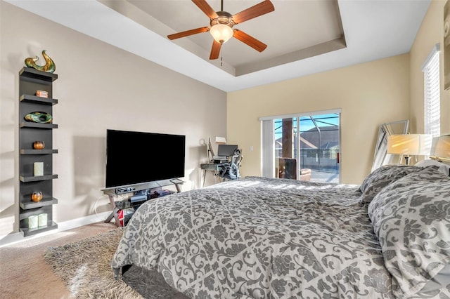 bedroom with multiple windows, a tray ceiling, carpet floors, and access to exterior