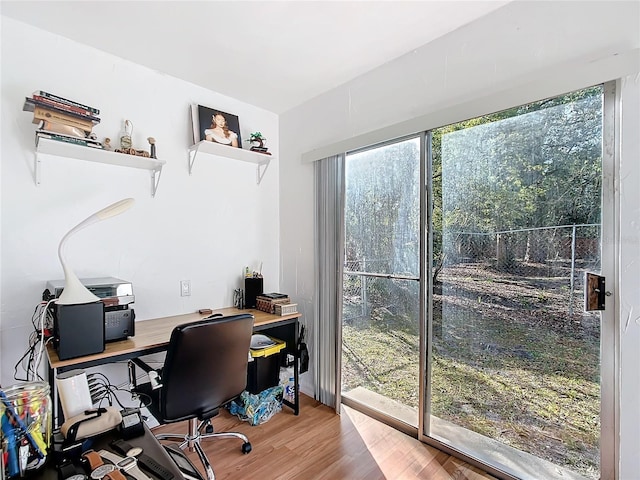 home office with wood finished floors