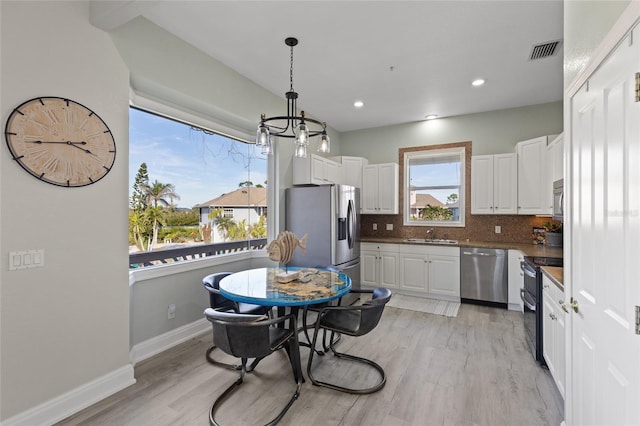 kitchen with stainless steel appliances, white cabinetry, pendant lighting, and backsplash