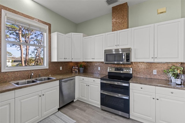 kitchen with sink, decorative backsplash, stainless steel appliances, and white cabinets