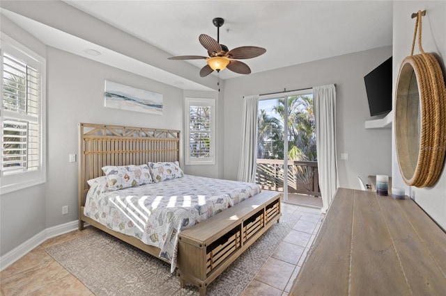 bedroom with access to outside, tile patterned floors, and ceiling fan