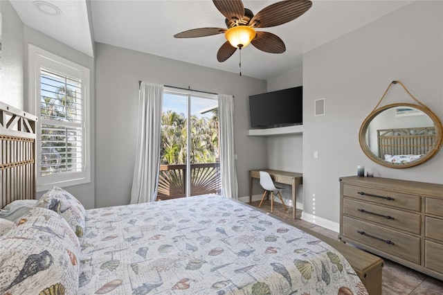 bedroom with ceiling fan and access to exterior