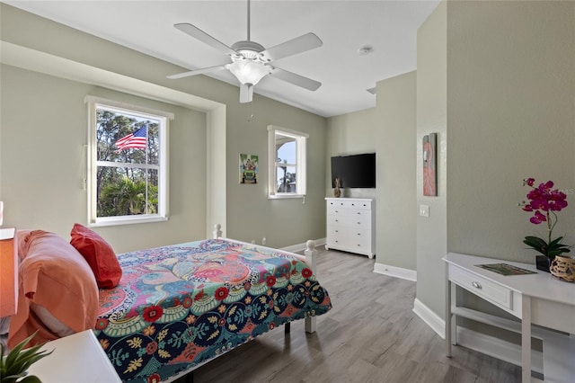 bedroom featuring ceiling fan and light wood-type flooring