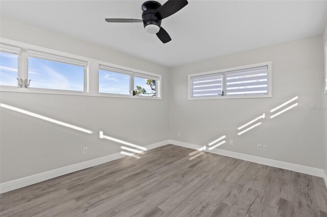 empty room featuring ceiling fan and light hardwood / wood-style flooring