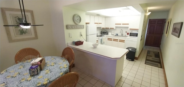 kitchen with sink, white appliances, white cabinets, light tile patterned flooring, and kitchen peninsula