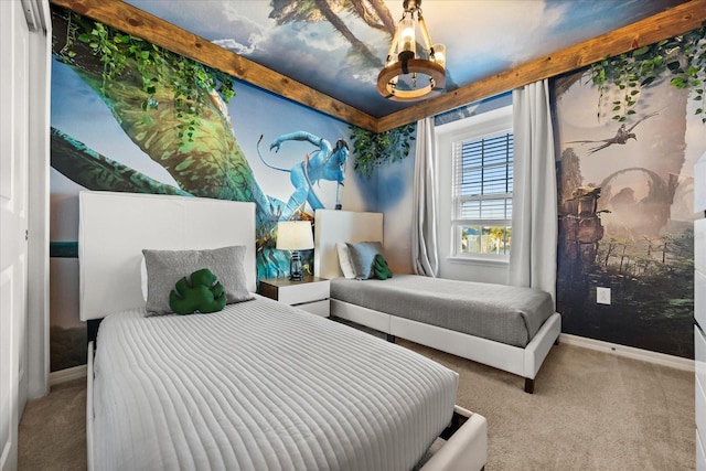 bedroom featuring light carpet and a chandelier