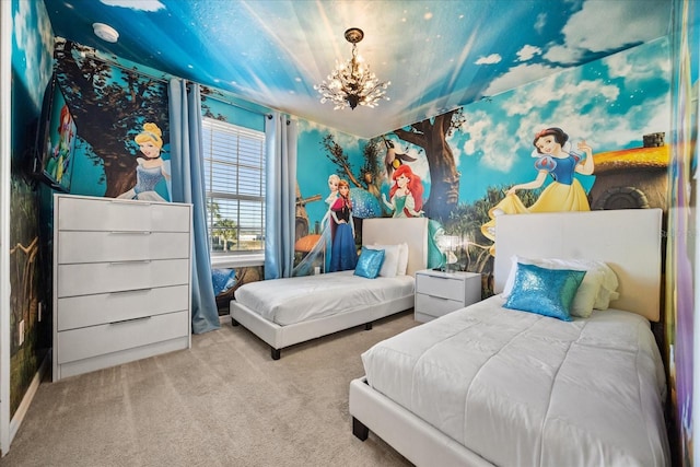 bedroom featuring light colored carpet and an inviting chandelier