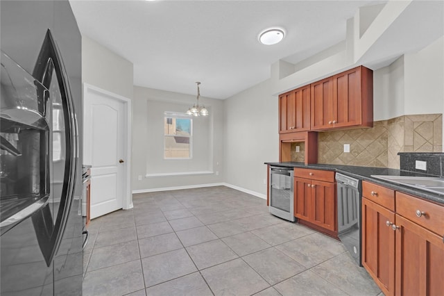 kitchen featuring wine cooler, black refrigerator with ice dispenser, hanging light fixtures, dishwasher, and decorative backsplash