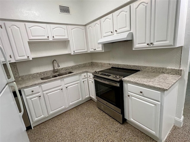 kitchen featuring white cabinetry, sink, and stainless steel range with electric cooktop