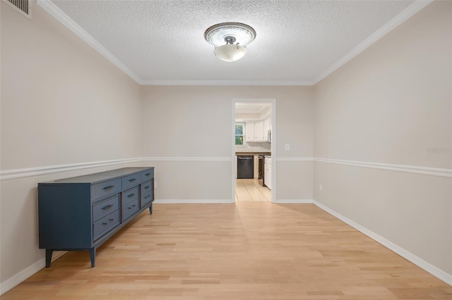 hall with crown molding, a textured ceiling, and light hardwood / wood-style flooring