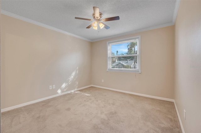 carpeted spare room with ceiling fan, ornamental molding, and a textured ceiling