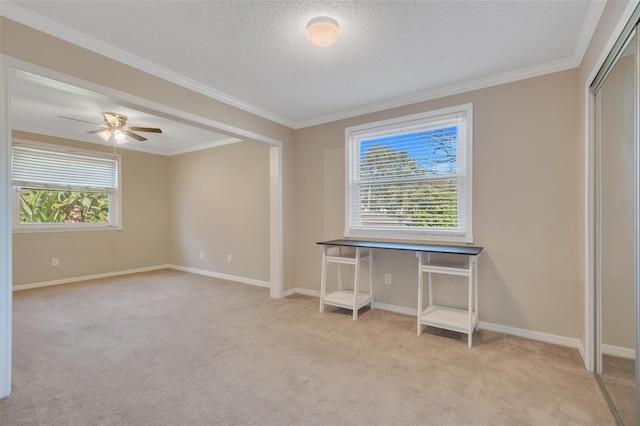 interior space with ornamental molding, ceiling fan, and a textured ceiling