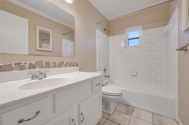 full bathroom with crown molding, tiled shower / bath combo, vanity, tile patterned floors, and toilet