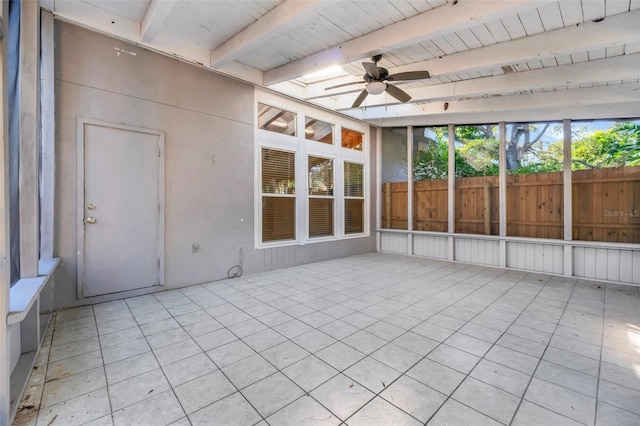 unfurnished sunroom featuring beamed ceiling, ceiling fan, wood ceiling, and a skylight