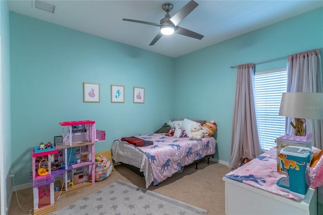 bedroom featuring carpet floors and ceiling fan