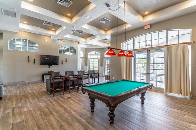 recreation room with hardwood / wood-style flooring, billiards, ceiling fan, coffered ceiling, and french doors