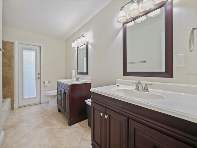 full bathroom with vanity, shower / tub combination, tile patterned floors, and toilet