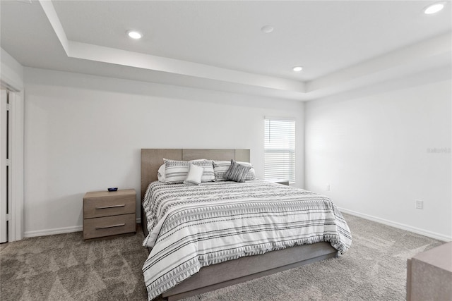 carpeted bedroom featuring a raised ceiling