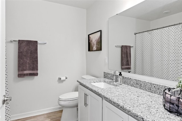 bathroom with vanity, hardwood / wood-style flooring, and toilet