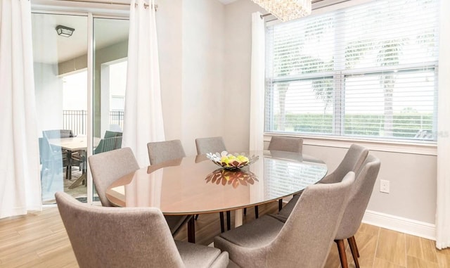 dining space with light hardwood / wood-style floors