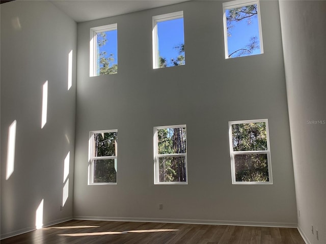 interior space with a towering ceiling, baseboards, and wood finished floors