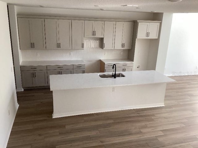 kitchen featuring tasteful backsplash, a sink, an island with sink, and wood finished floors