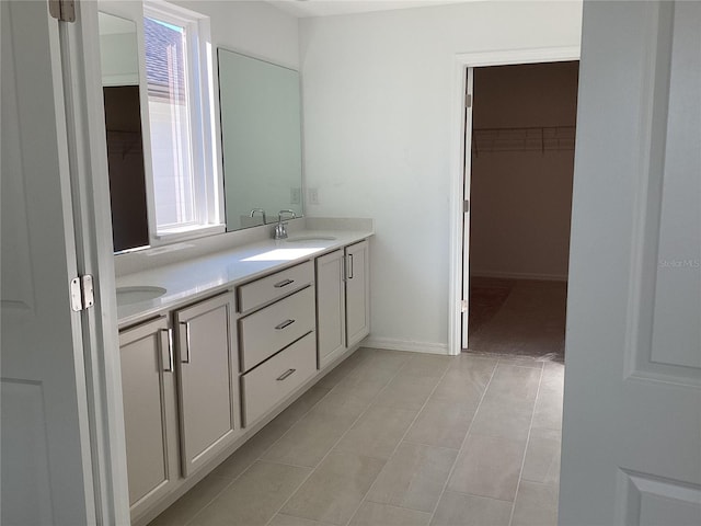 bathroom with a walk in closet, a sink, baseboards, and double vanity