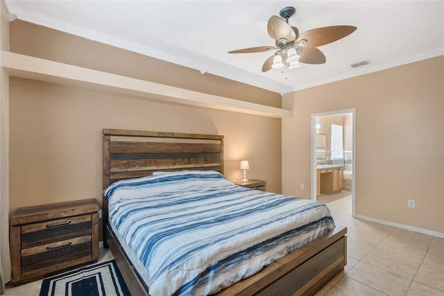 bedroom featuring ornamental molding, light tile patterned floors, ceiling fan, and ensuite bathroom