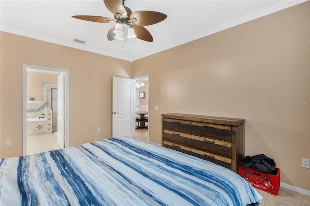 tiled bedroom featuring connected bathroom, crown molding, and ceiling fan