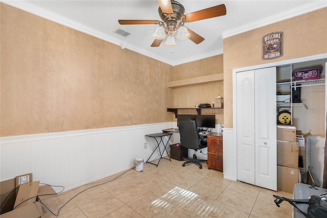 tiled home office with crown molding and ceiling fan