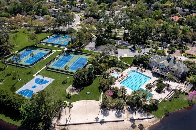 aerial view featuring a water view